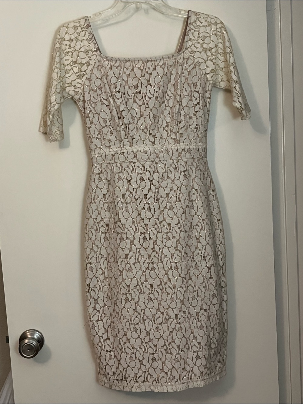 Elegant Size S Off-White Lace Fitted Pencil Dress With Gold-tone Lace Detailing